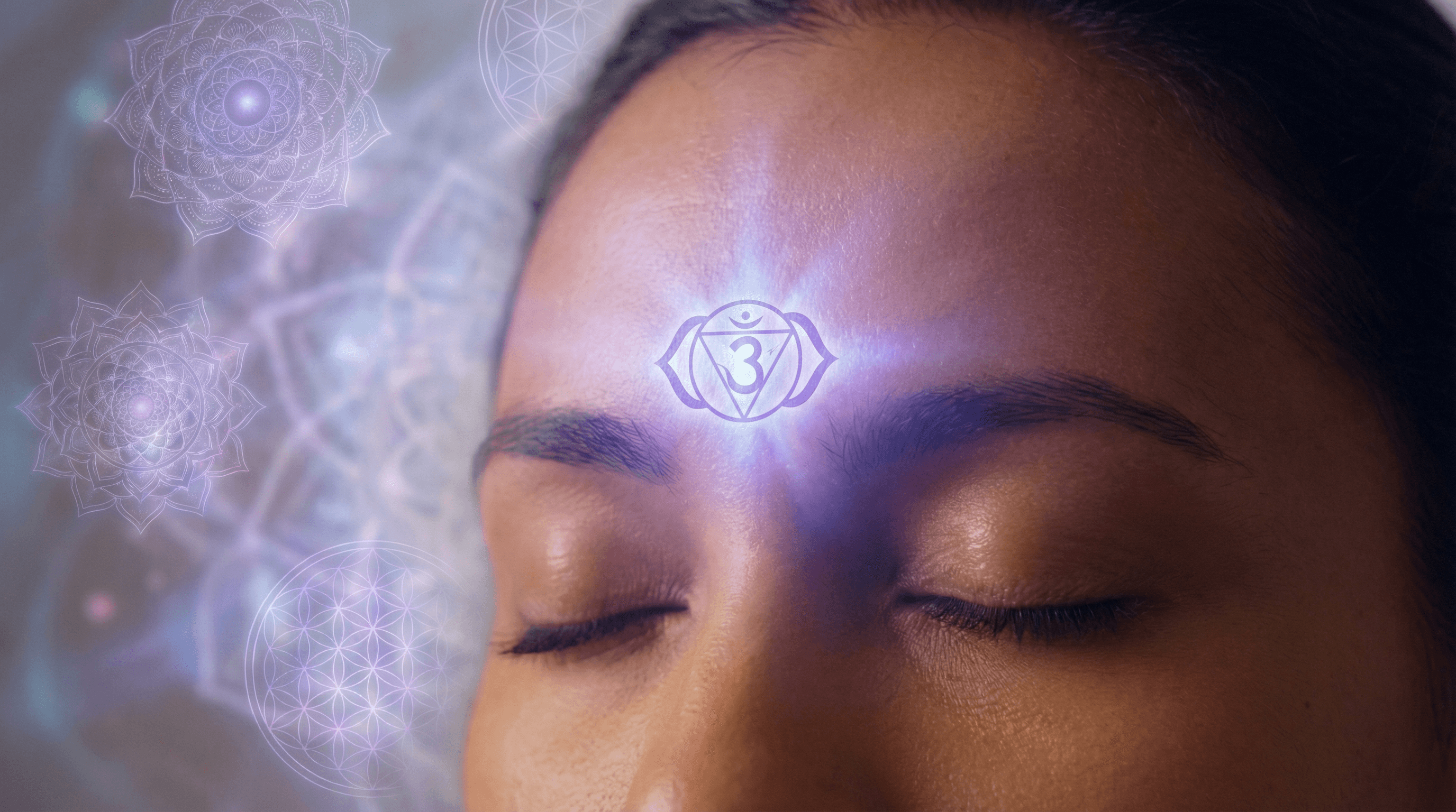 A visual representation of the Third Eye Chakra (Ajna) showing glowing indigo and violet energy on a person's forehead.