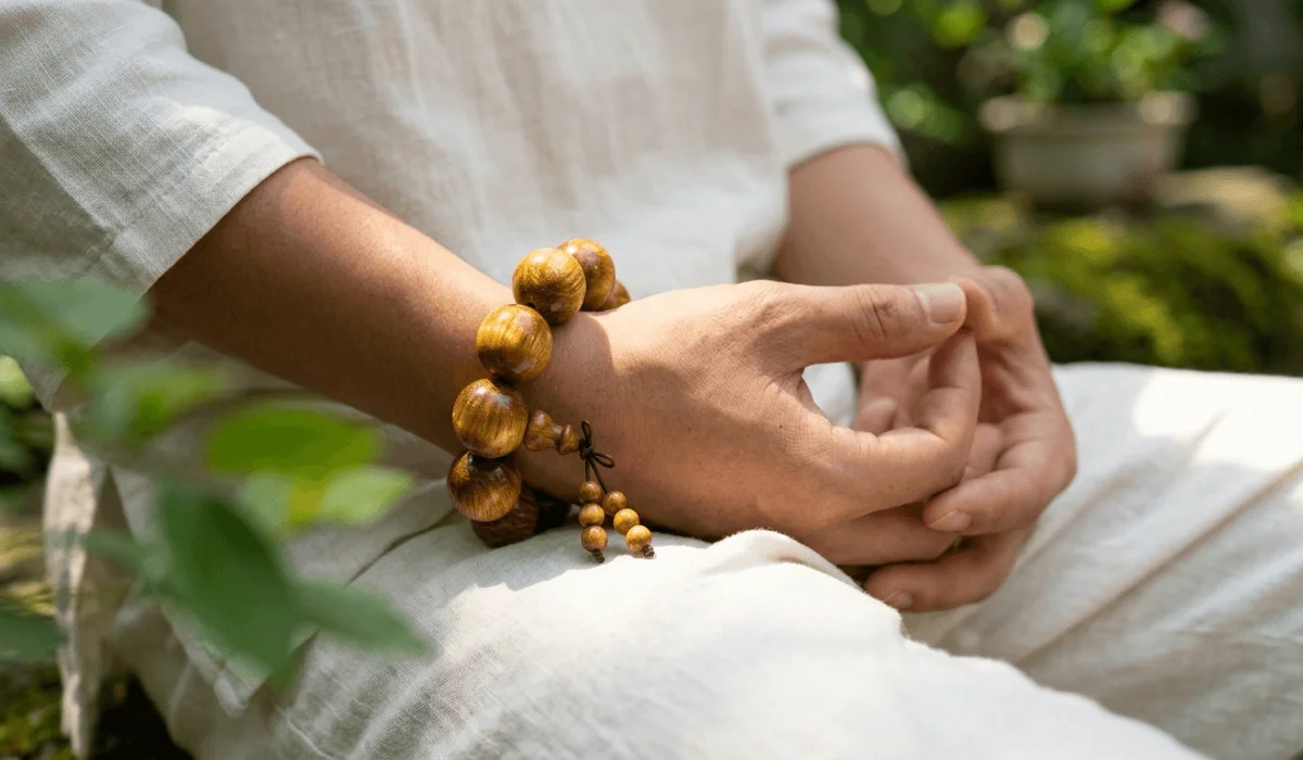 Close-up of Golden Silk Nanmu meditation beads on a wrist, showing the unique shimmering silk fiber texture.
