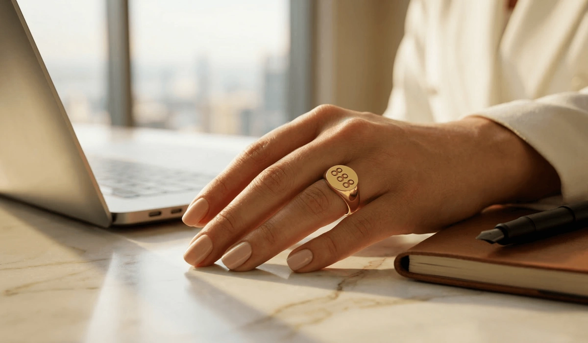 Close-up of a luxury 888 angel number gold ring on an entrepreneur's hand, symbolizing wealth and professional alignment.