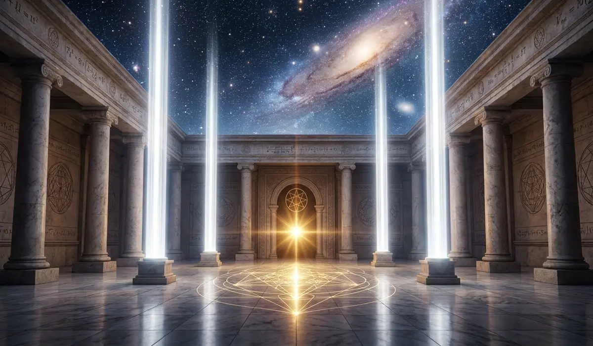 Ancient Pythagorean temple with 11:11 pillars of light and sacred geometry symbolizing the Monad and spiritual awakening.