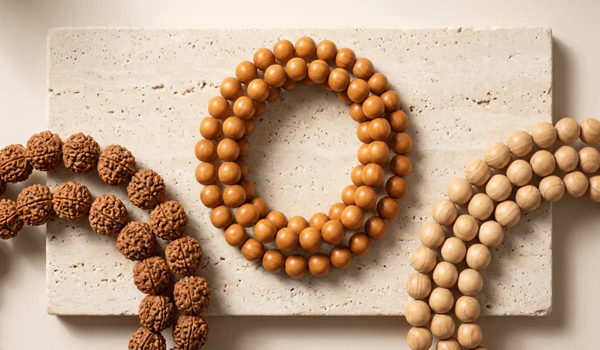 Side-by-side comparison flatlay of smooth Bodhi seed beads, deeply grooved Rudraksha seeds, and fine Sandalwood beads on a neutral surface.