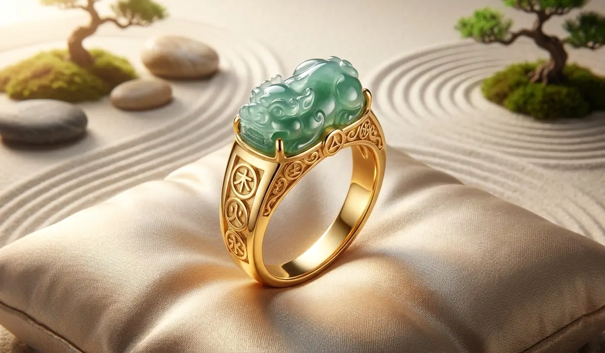 A detailed Feng Shui jade ring with Pixiu carving on a silk cushion, representing the Five Elements and spiritual harmony.