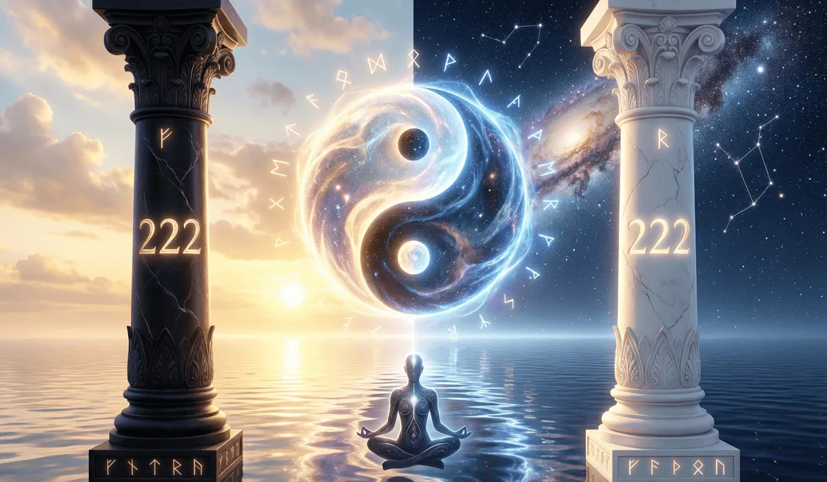 A symbolic representation of 222 angel number through Yin-Yang and the High Priestess pillars for inner balance.