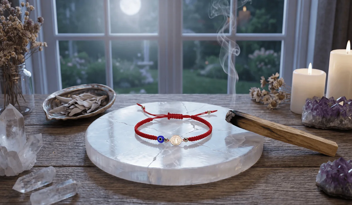 A red string evil eye bracelet being cleansed with Palo Santo smoke and a Selenite crystal plate under soft moonlight.