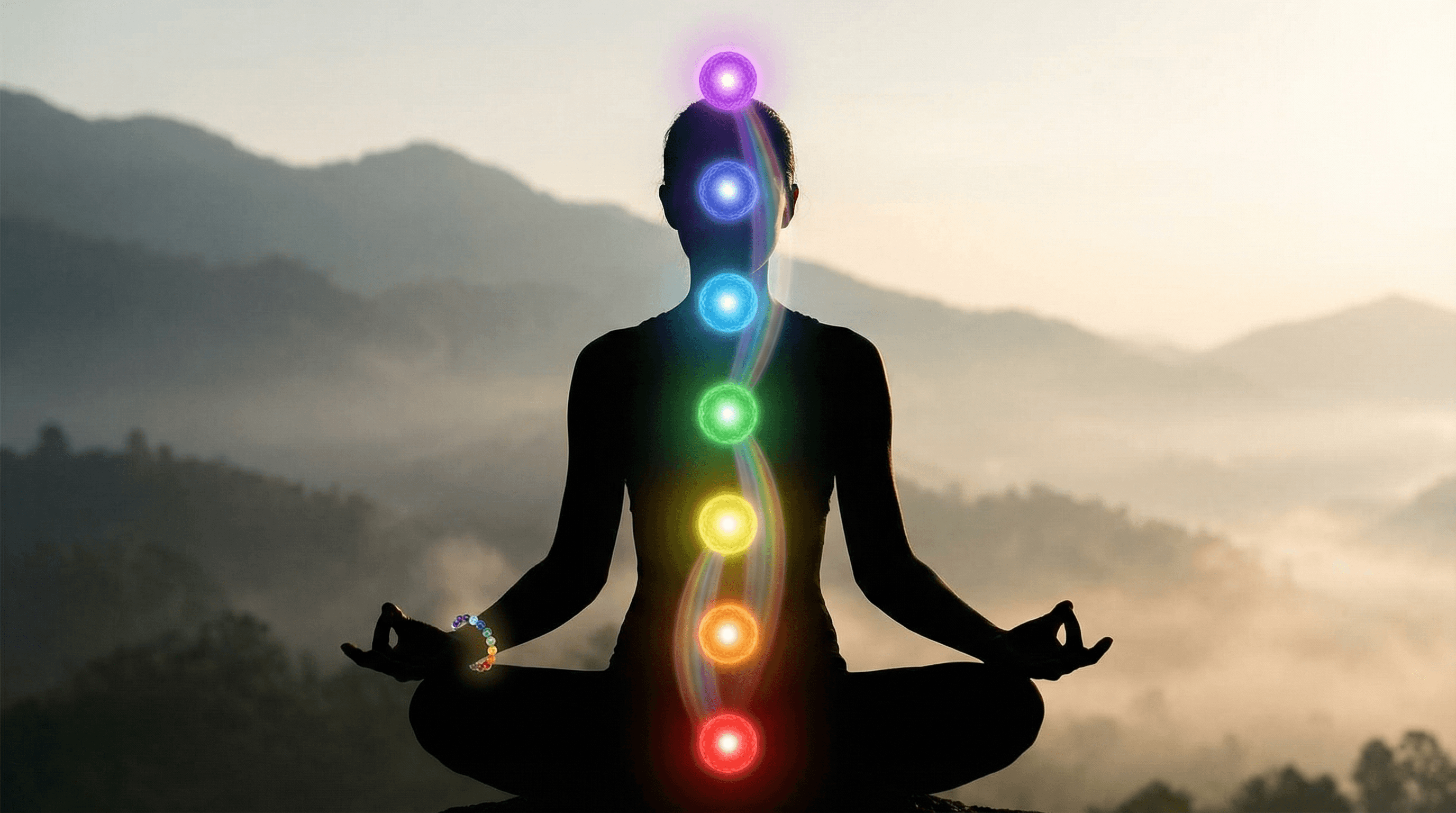 A spiritual illustration of the 7 chakra system and the Rainbow Bridge concept with a person meditating wearing a chakra bracelet.