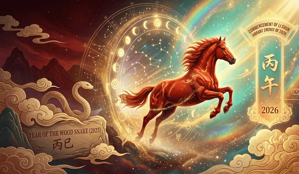 Symbolic representation of the 2026 Year of the Fire Horse transition with celestial Chinese zodiac elements.