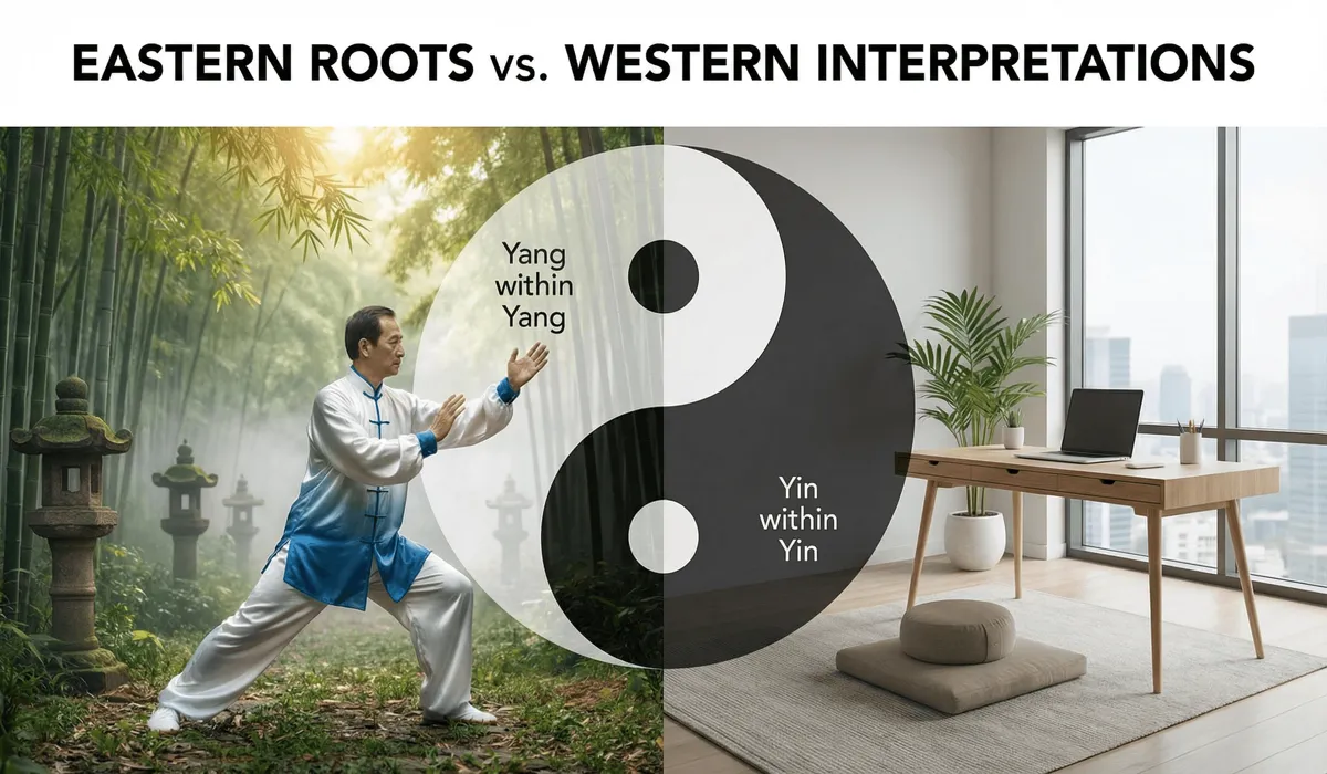 A split visual showing Tai Chi practice in nature and a modern balanced workspace, representing the evolution of Yin Yang philosophy from East to West.