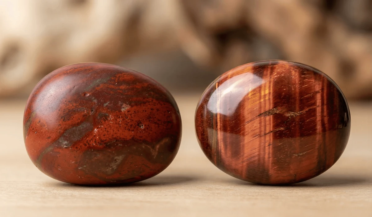 A close-up comparison of Red Jasper's solid matte texture and Red Tiger Eye's shimmering chatoyant luster.