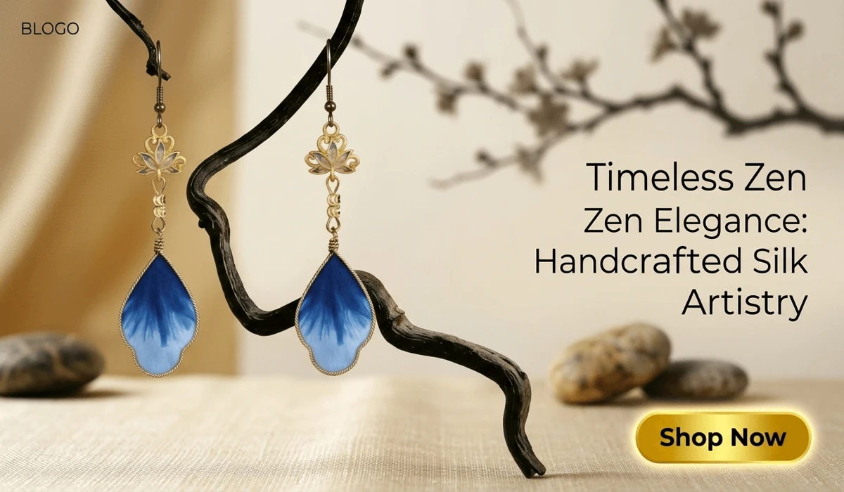 Ethereal Lotus Silk Flower (RONGHUA) Pearl Silver Earrings in Zen Bloom style, featuring handcrafted blue gradient silk petals and traditional Chinese gold lotus design for an elegant blog display.