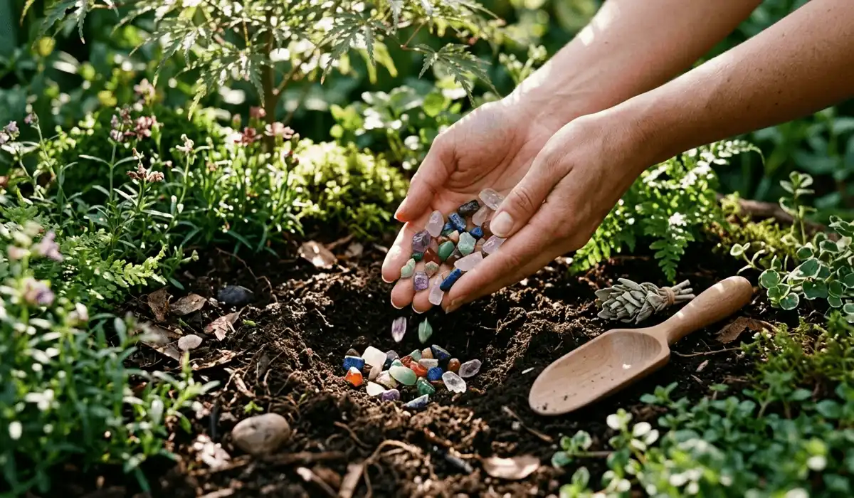 Hands burying broken crystal beads in garden soil, representing the spiritual practice of returning crystals to the earth for rebirth.
