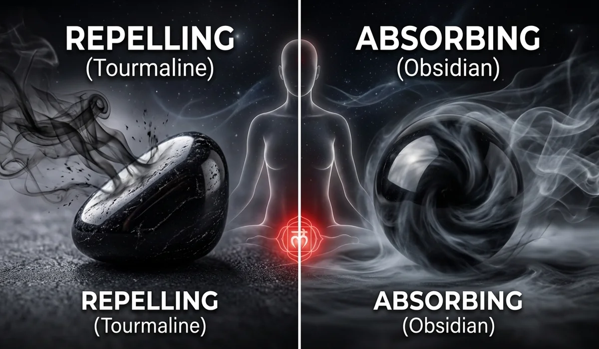 An artistic representation of Black Tourmaline repelling and Black Obsidian absorbing negative energy with chakra associations.
