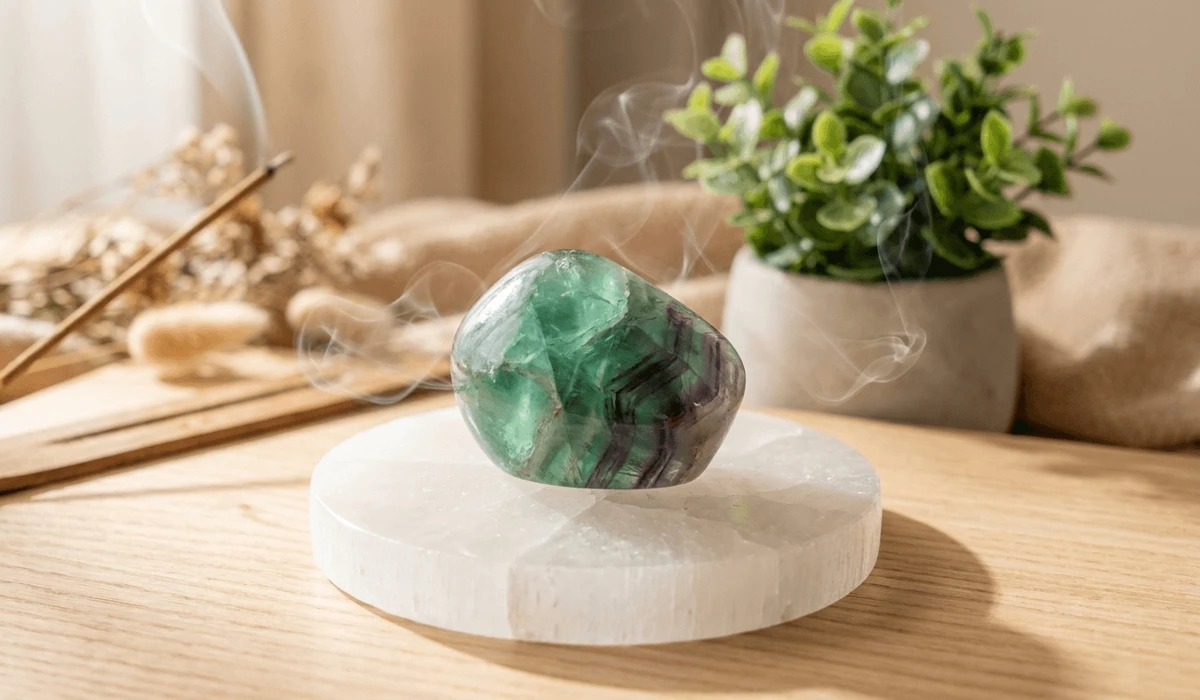 Fluorite crystal resting on a selenite charging plate with soft incense smoke for crystal cleansing and maintenance.