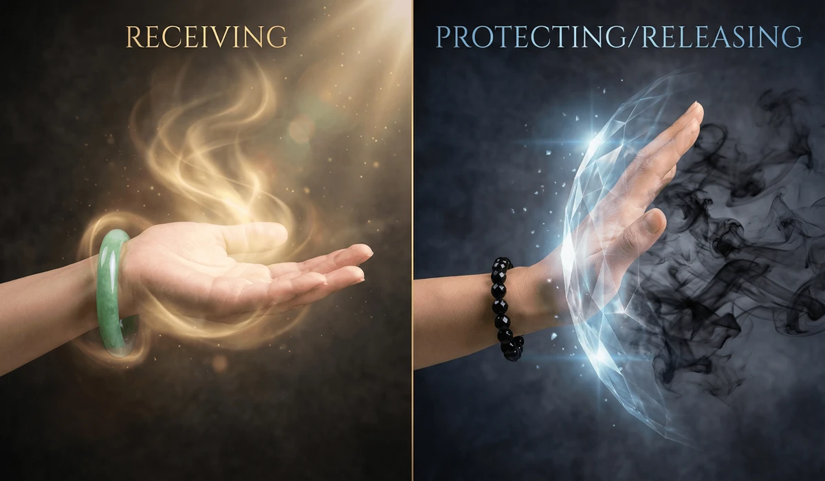 Comparison of wearing Feng Shui bracelets on the left hand for receiving luck versus the right hand for protection and releasing energy.