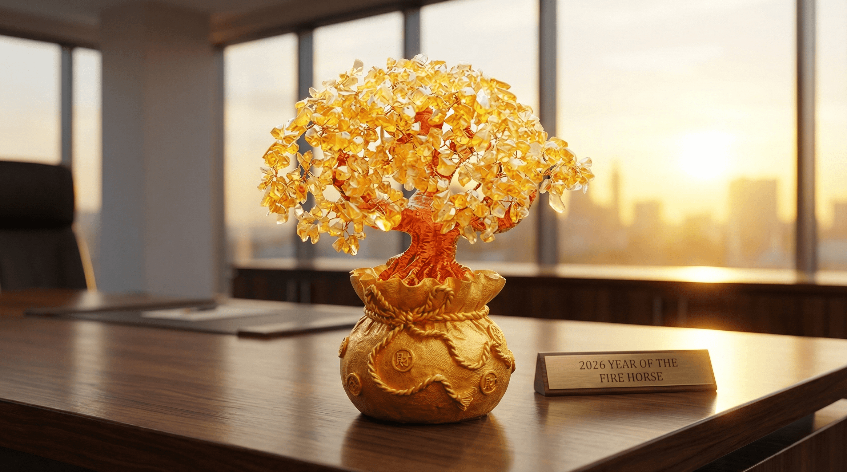 A detailed Citrine Money Tree with amber crystal leaves on a wooden desk, symbolizing business wealth and solar energy for 2026.
