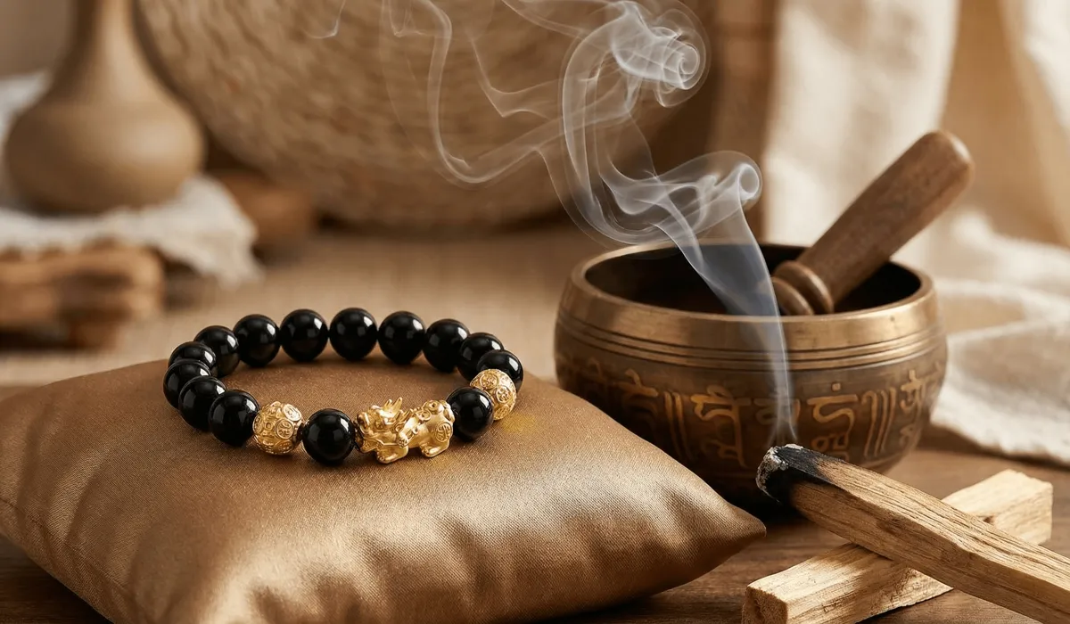 A Black Obsidian Pixiu bracelet on a silk cushion with spiritual cleansing tools.