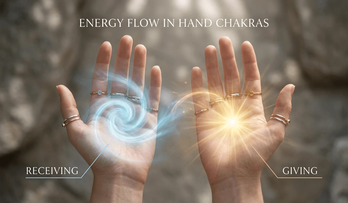 Visual representation of hand energy flow showing the receiving left hand with blue energy and the giving right hand with golden energy for ring placement meaning.