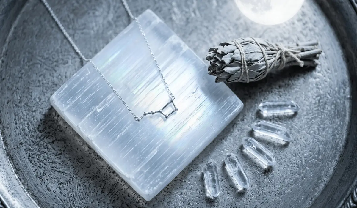 A zodiac constellation necklace being cleansed and charged on a Selenite crystal under the light of a full moon.