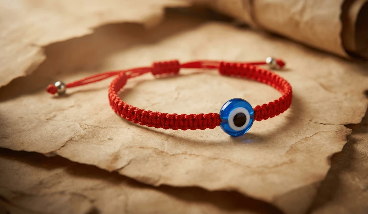 A red string bracelet with a blue evil eye charm on a wooden background, representing spiritual protection and ancient talismans.