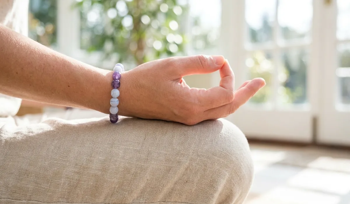 A person wearing a Zen crystal bracelet on the left hand during meditation for grounding and mental clarity.