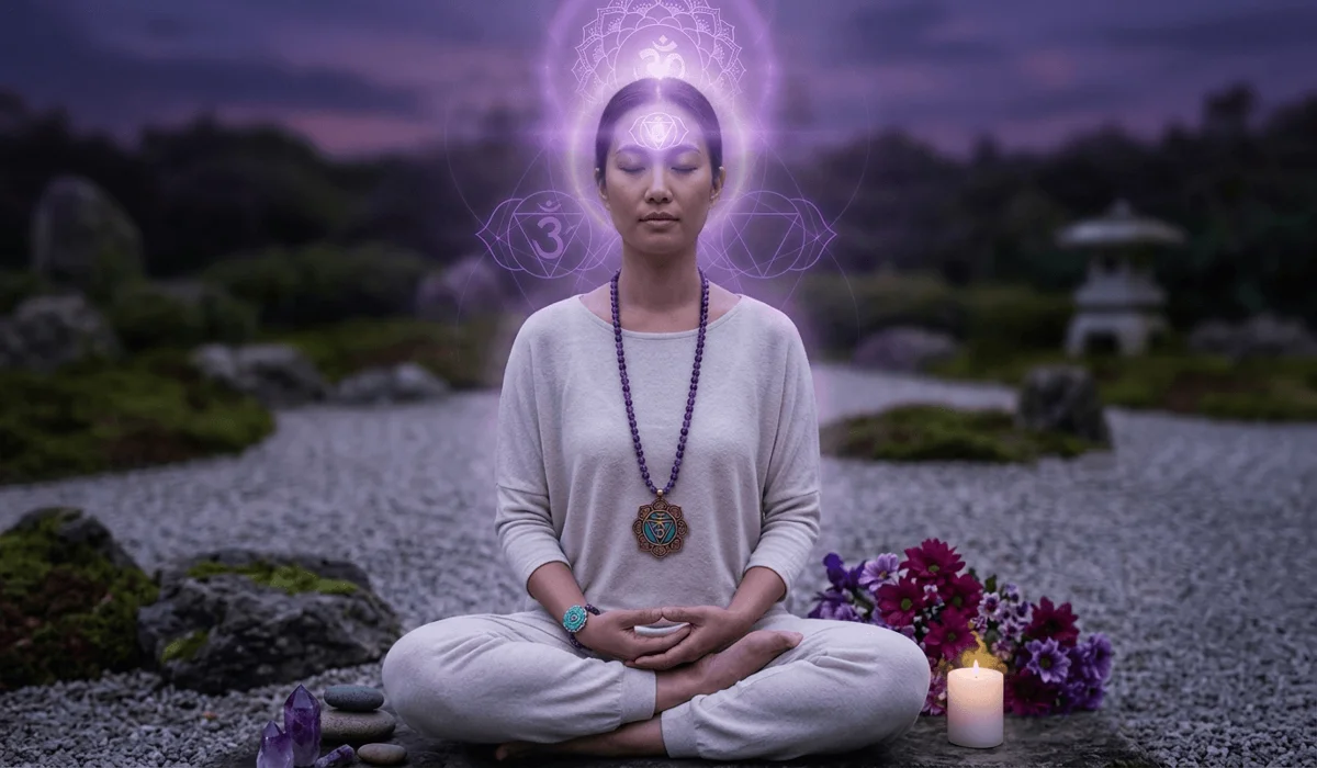Spiritual visualization of Amethyst mala beads aiding in Third Eye and Crown chakra alignment during meditation.