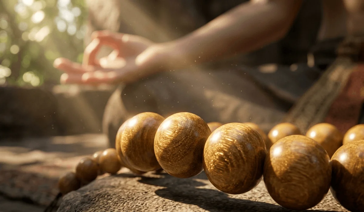 Macro close-up of Phoebe Zhennan wood beads showing the signature golden silk luster for meditation focus.