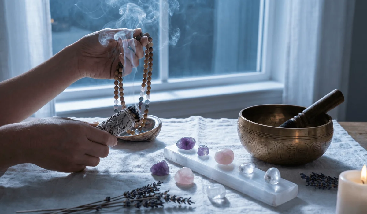 A spiritual cleansing ritual for mala beads using sage smoke and a selenite charging plate to reset gemstone energy.