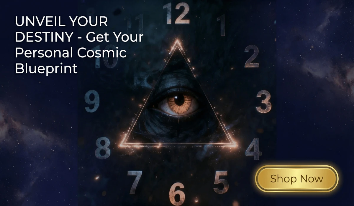 Mystical all-seeing eye in a glowing triangle surrounded by astrological clock numbers, offering a free personalized birth chart report for cosmic insight.