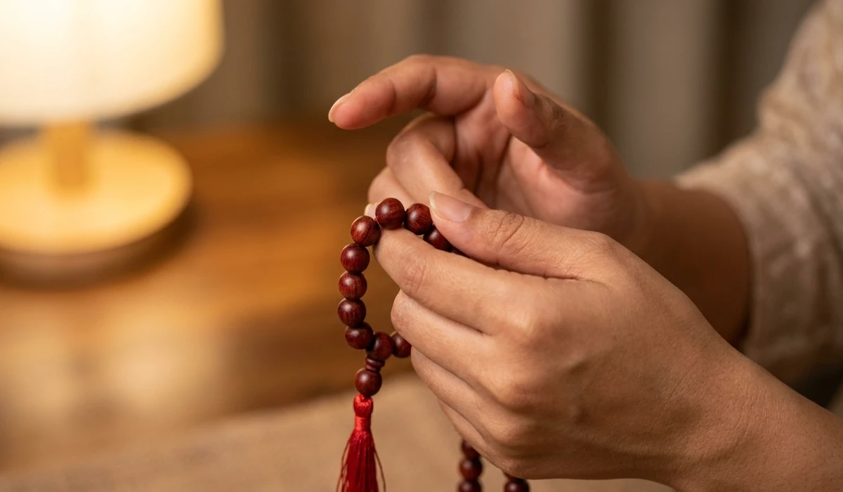 Close-up of hands using Rosewood beads for counting mantras during Loving-Kindness meditation practice.