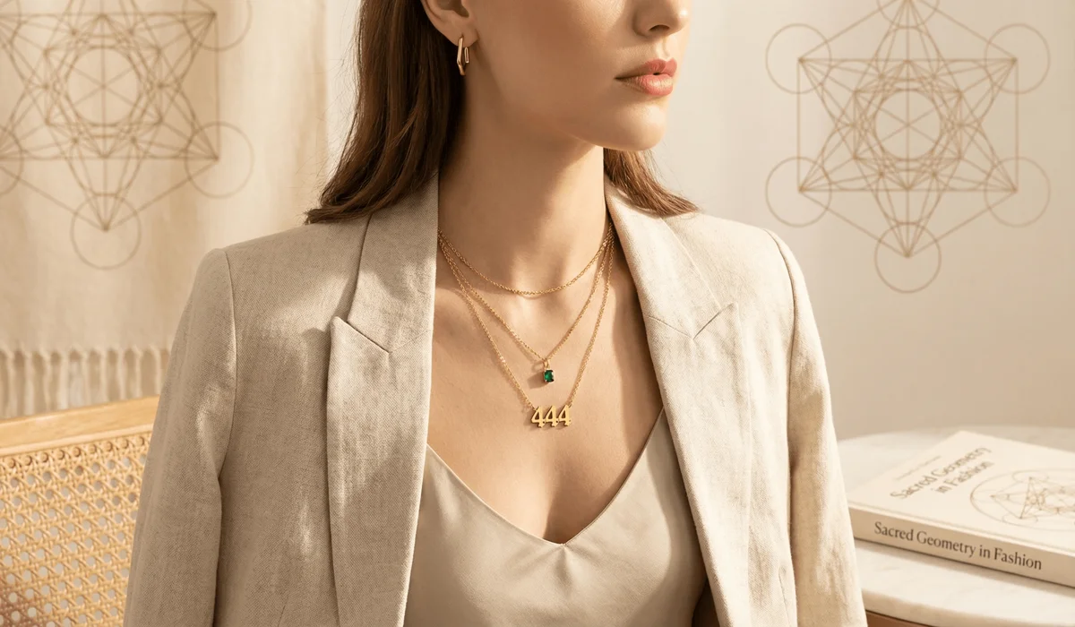 Layered gold 444 angel number necklace styled with modern fashion for a spiritual look.