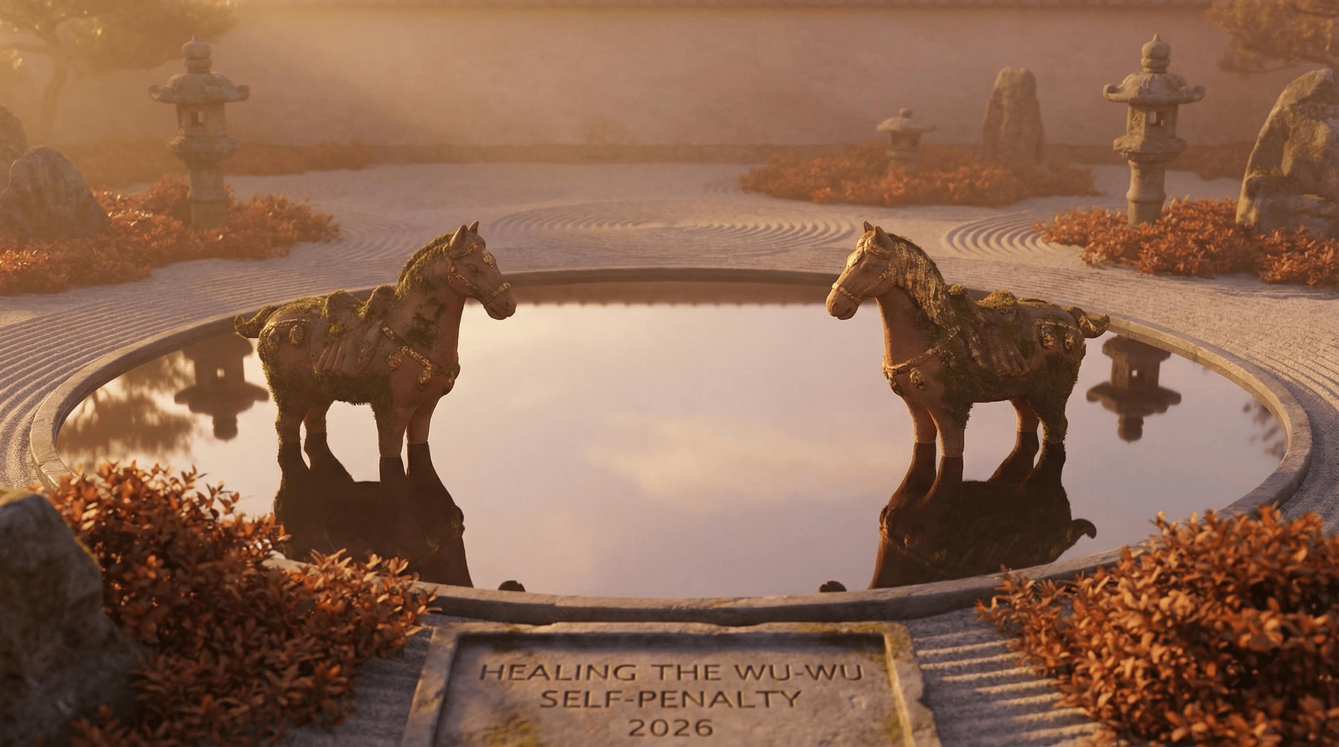 Two horses reflecting in a Zen garden pool representing healing the self-penalty
