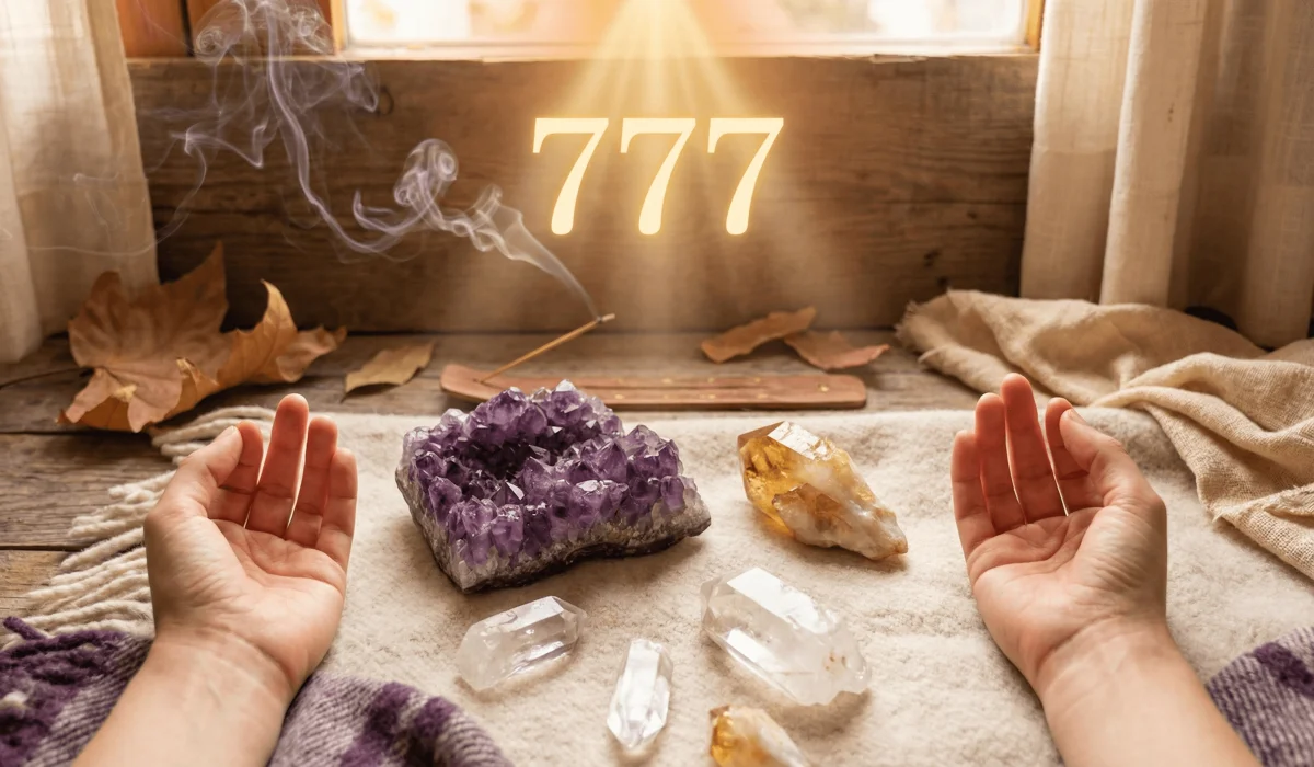 Spiritual meditation practice using crystals and the 777 frequency for chakra alignment and divine connection.