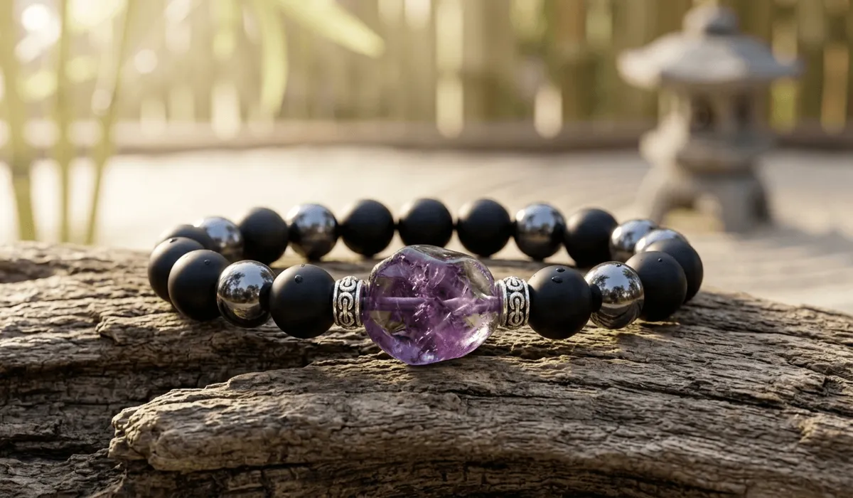 A high-quality meditation bracelet with amethyst and hematite beads resting on driftwood, symbolizing tools for inner stillness.