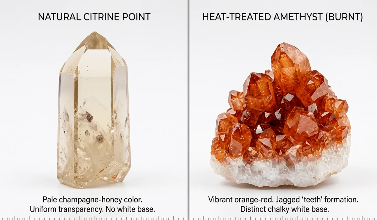 Side-by-side comparison of natural citrine vs heat-treated amethyst showing color and base differences.
