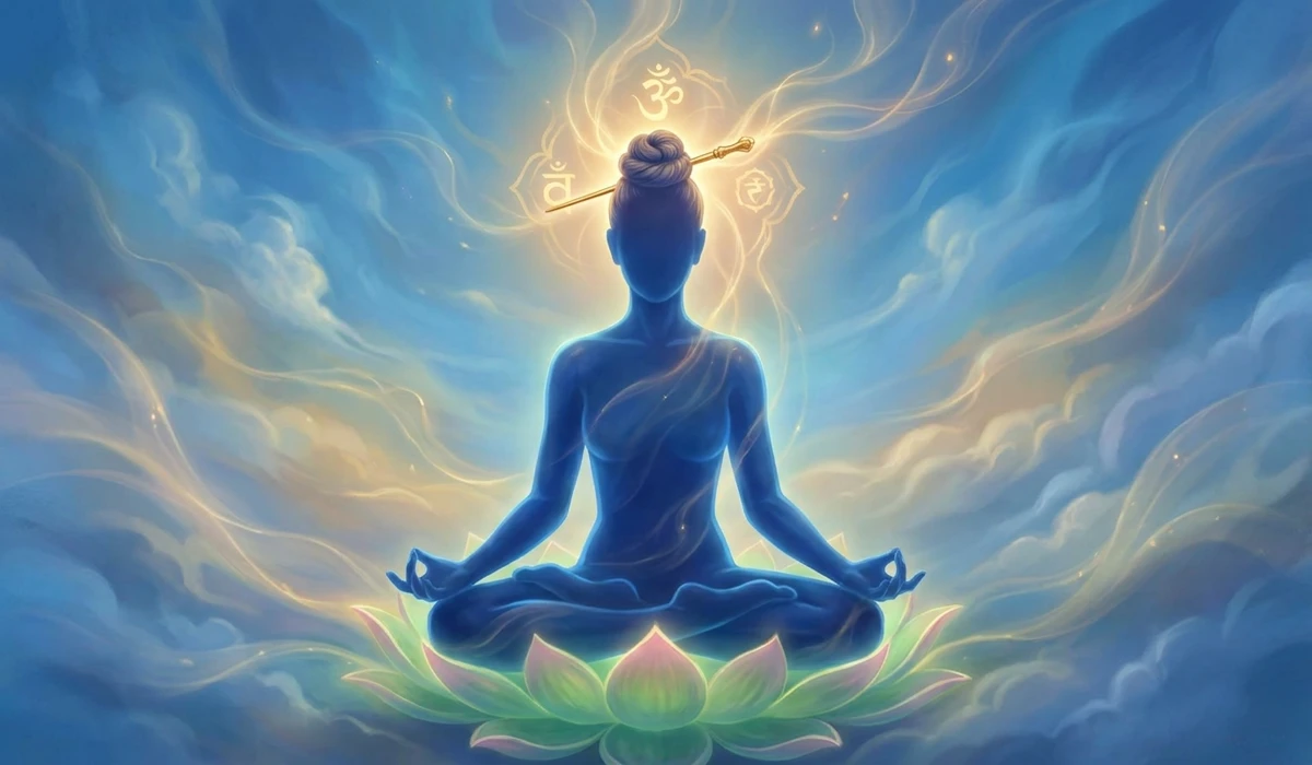 Artistic representation of the Rishi Knot and Crown Chakra energy flow during yogic meditation.