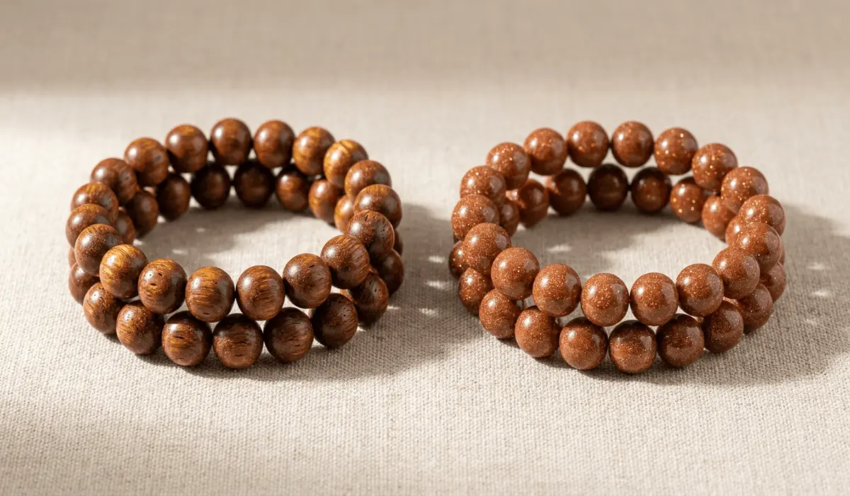 Side-by-side comparison of authentic Golden Silk Nanmu wood bracelet with natural grain versus a synthetic resin fake with flat glitter.