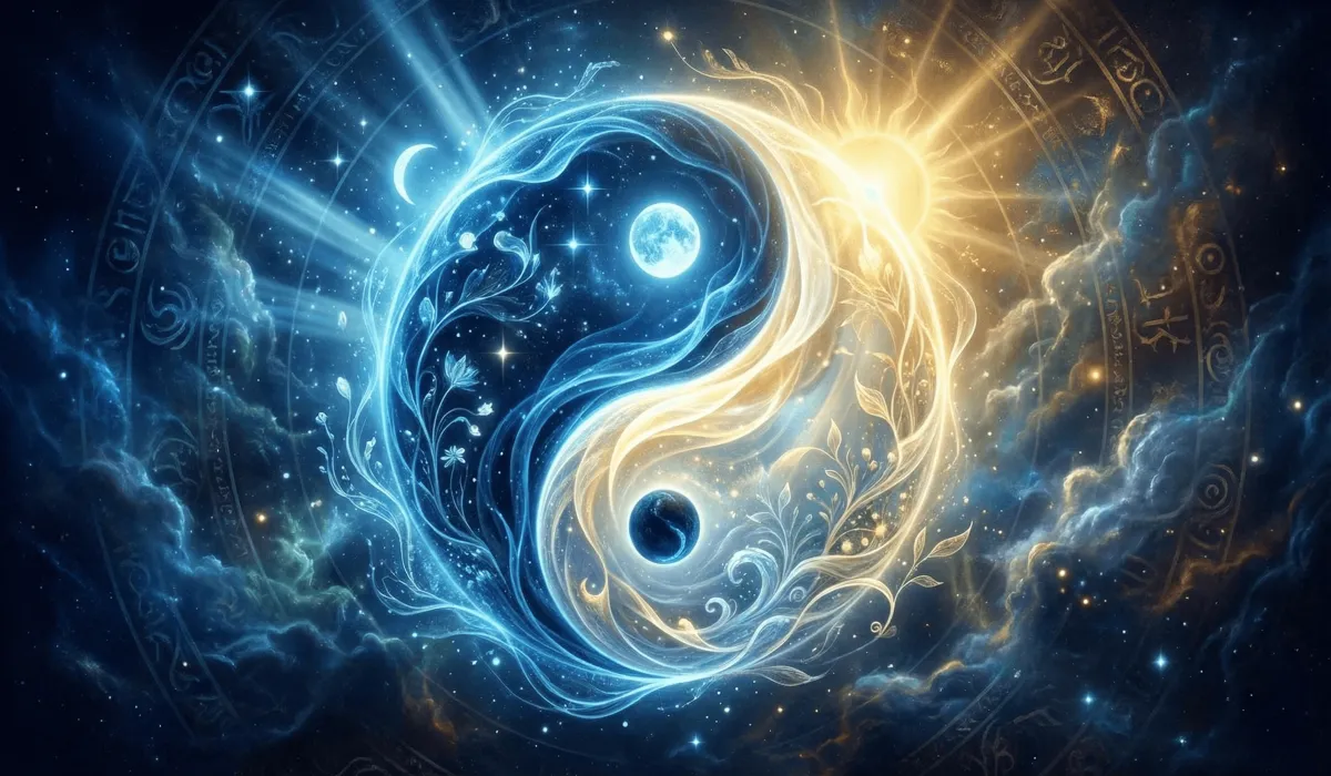Conceptual illustration of Yin and Yang energies balancing masculine and feminine forces in a relationship.