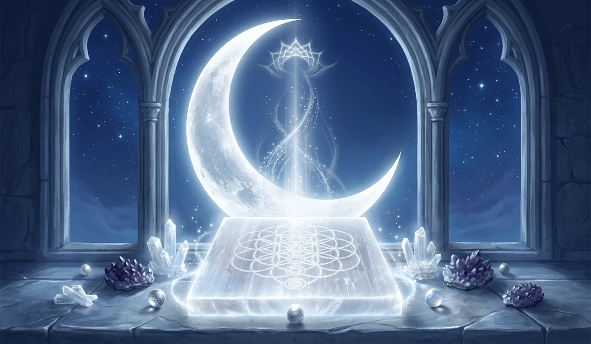 Mystical illustration of a glowing selenite plate under moonlight representing spiritual purity and crown chakra connection.
