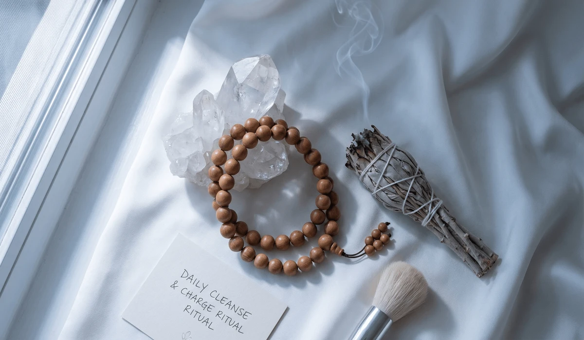 Sandalwood beads being cleansed with sage and charged with a quartz crystal under moonlight.
