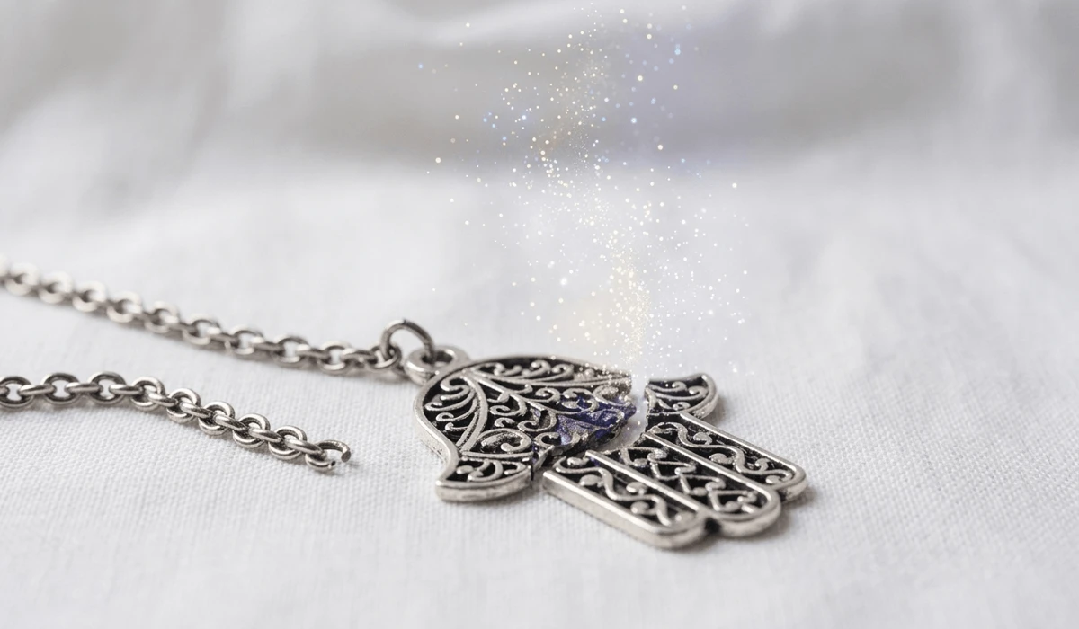 A broken Hamsa pendant on a white cloth symbolizing the spiritual meaning of a protection talisman completing its mission.