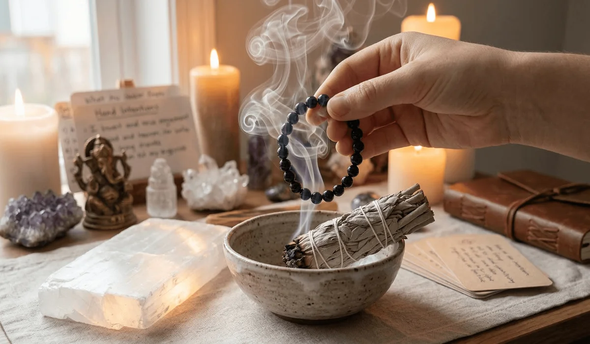 Cleansing a Black Obsidian bracelet with sage smoke and a Selenite charging plate to remove negative energy.
