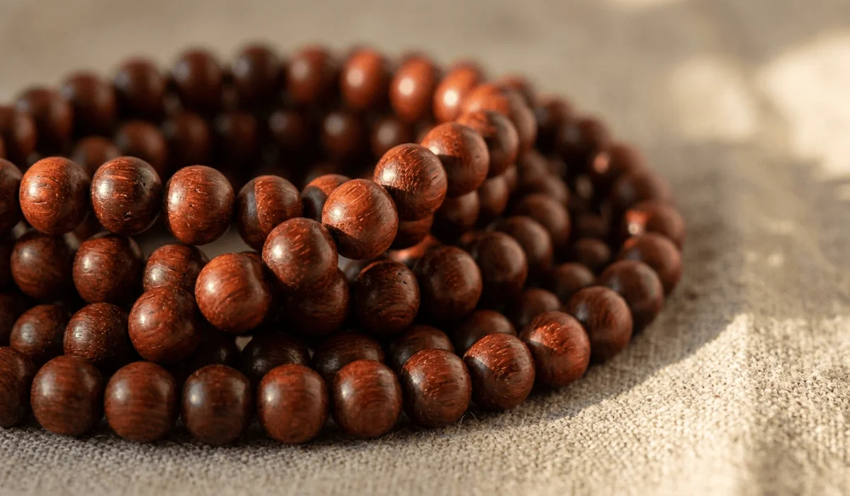 Close-up macro shot of polished 108 rosewood mala beads showing rich reddish-brown wood grain patterns.