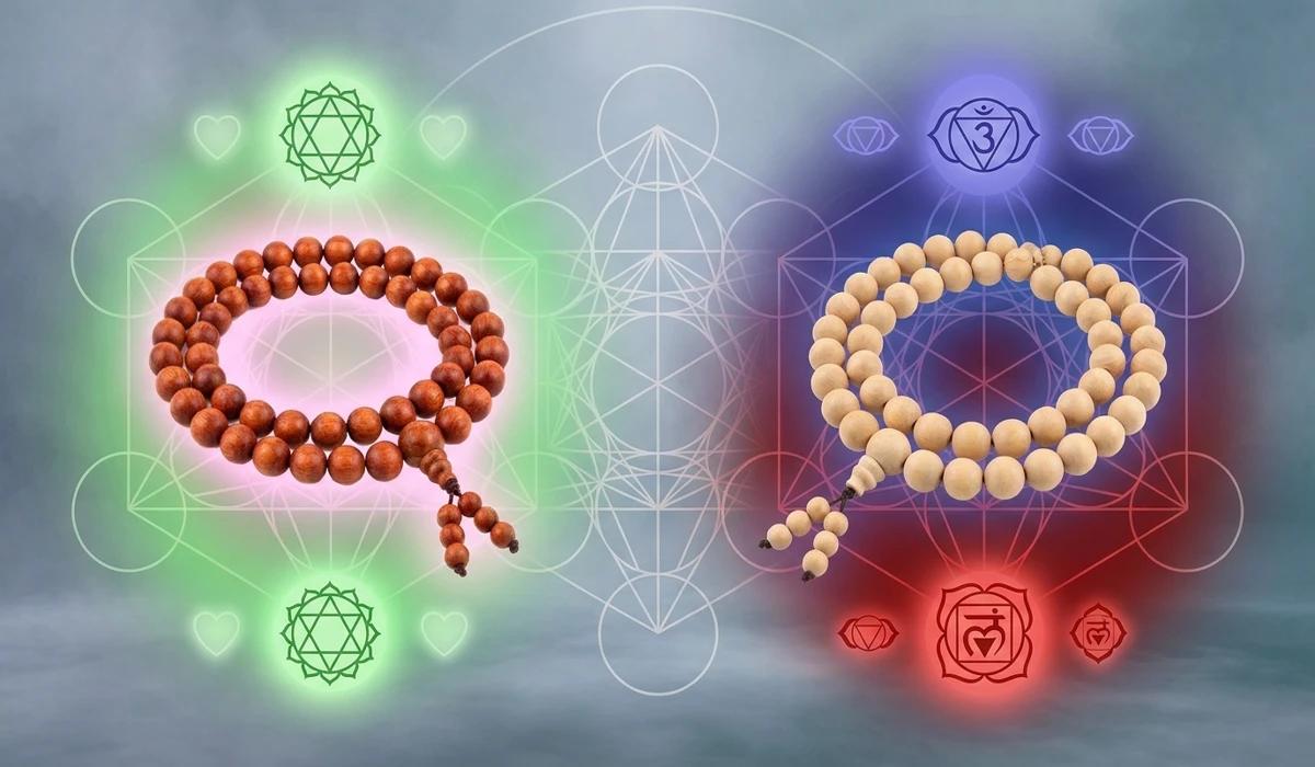 Spiritual energy illustration of Rosewood for Heart Chakra and Sandalwood for Root and Third Eye Chakra alignment.