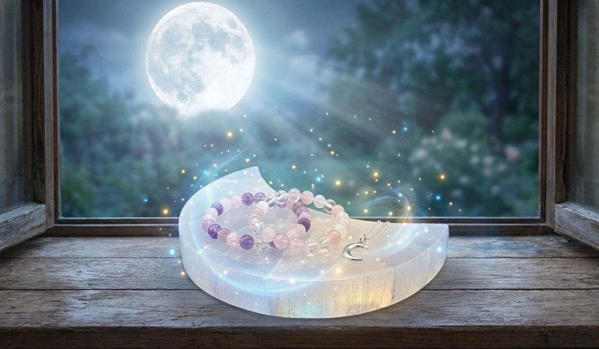 Cleansing and charging baby spiritual jewelry on a Selenite crystal plate under the light of a full moon for energetic renewal.