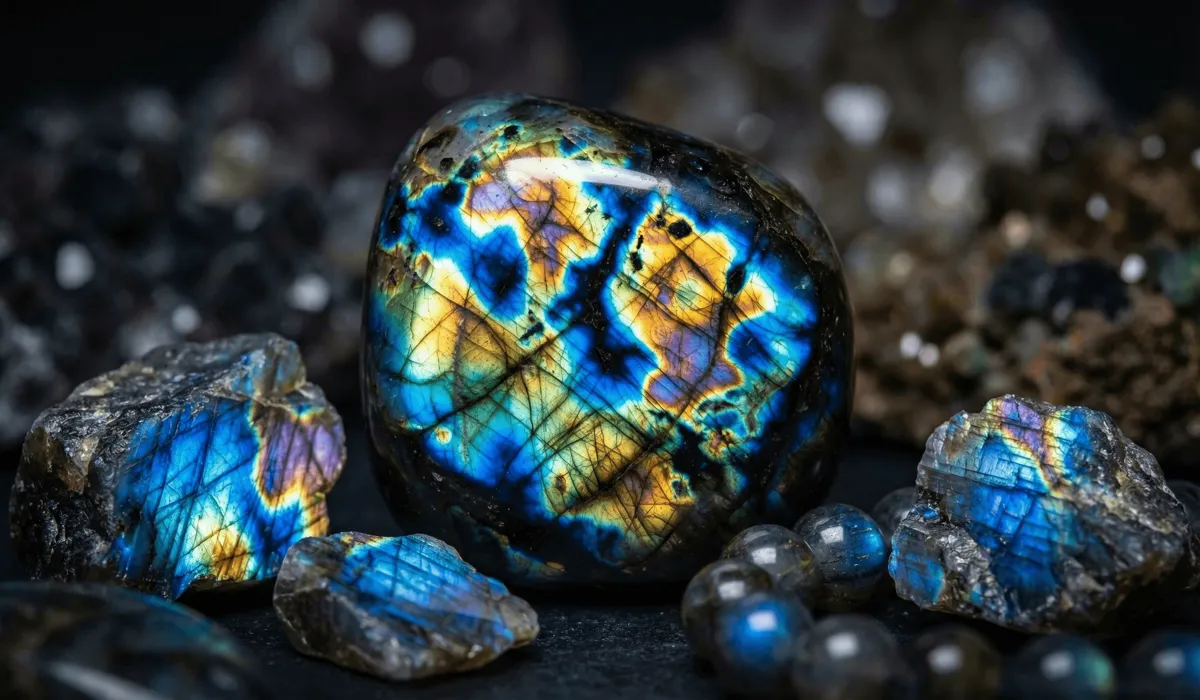Close-up of a high-quality labradorite stone showing vibrant blue and gold labradorescence flashes.