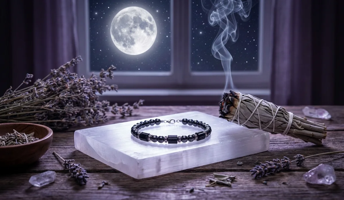 A gemstone grounding anklet being cleansed with sage and charged on a Selenite plate under moonlight to remove negative energy.