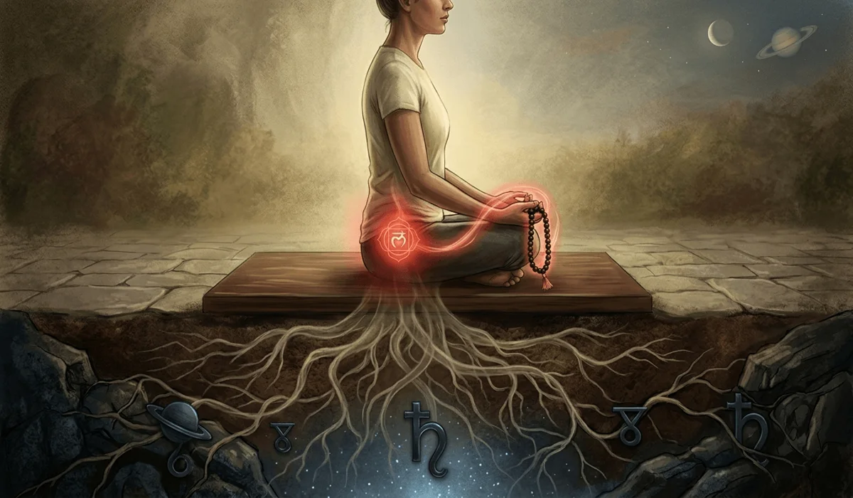 Symbolic representation of Ebony mala beads aligning with the Root Chakra and providing grounding energy during meditation.