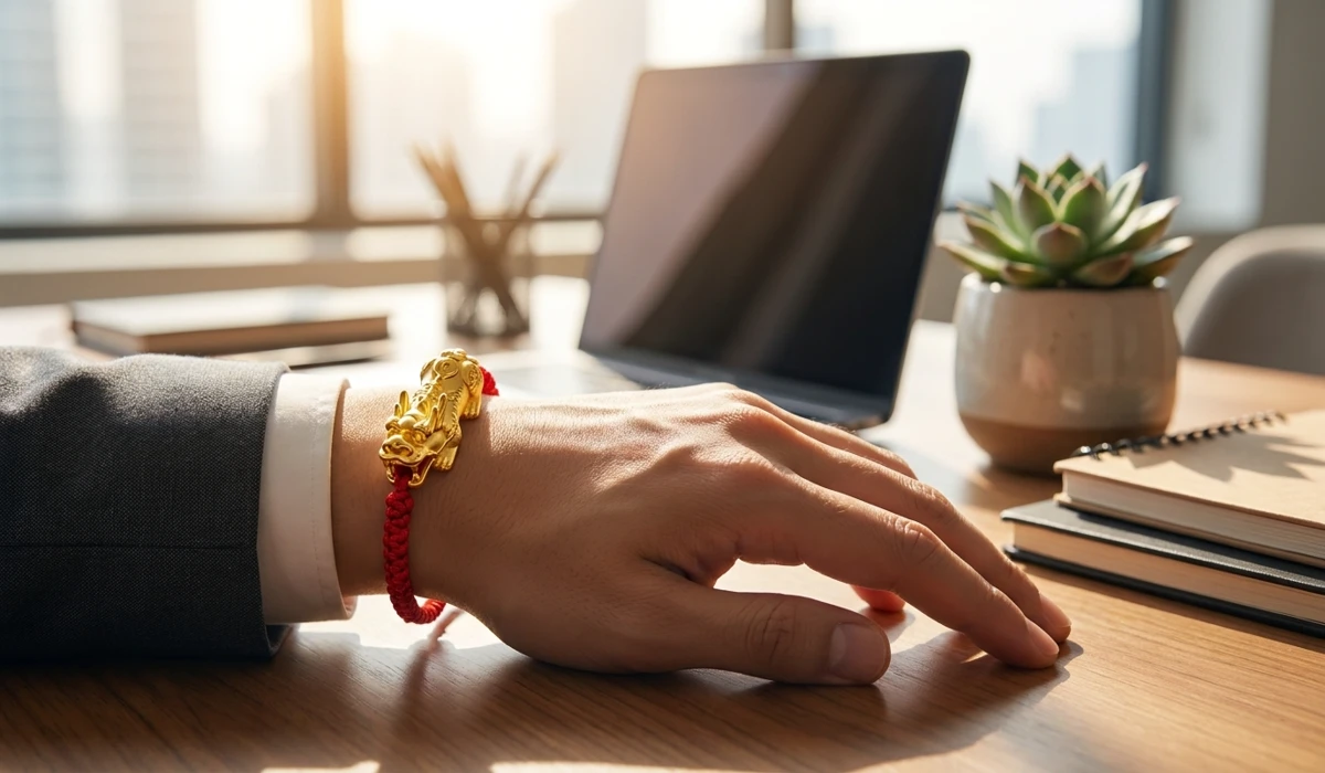 Correct way to wear a Red String Pixiu bracelet on the left hand with the head facing outward to attract wealth and career luck.