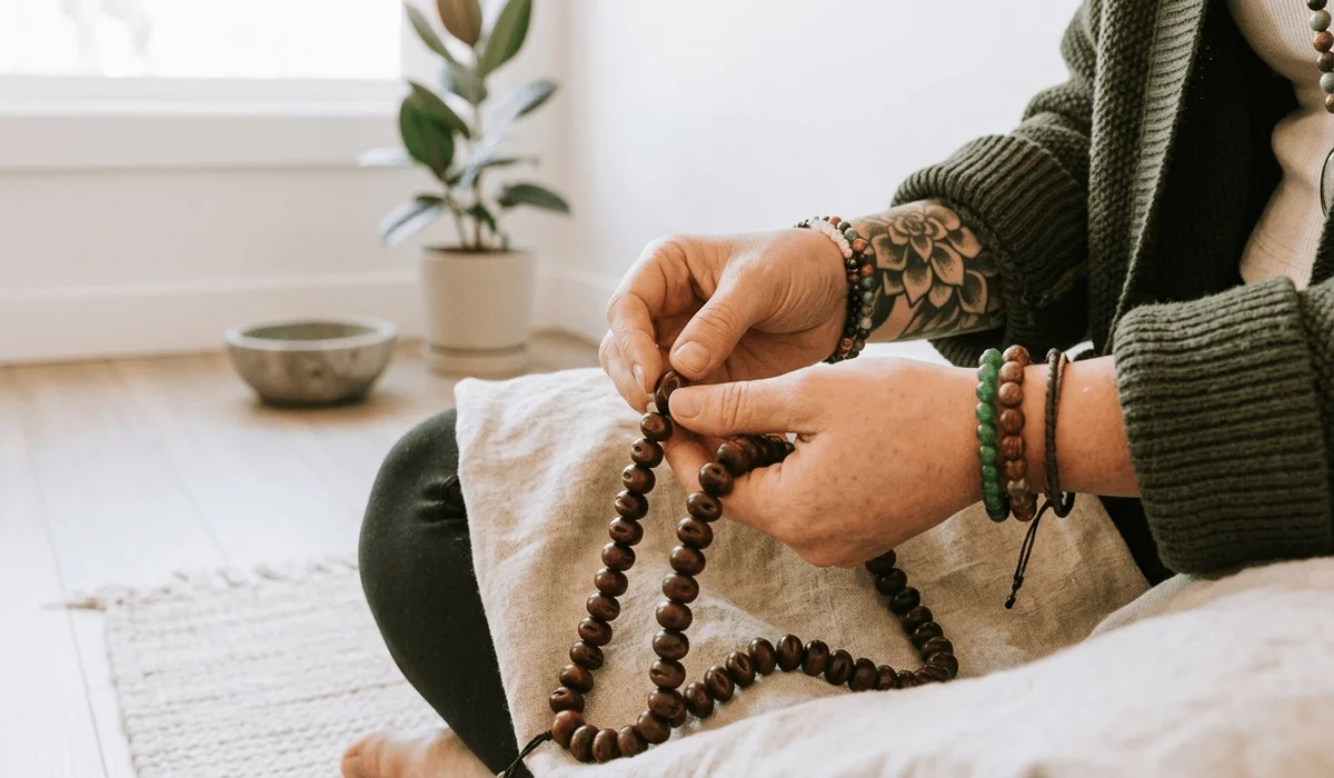 A person using a Bodhi seed mala for meditation, demonstrating how hand oils create a natural dark patina through constant use.