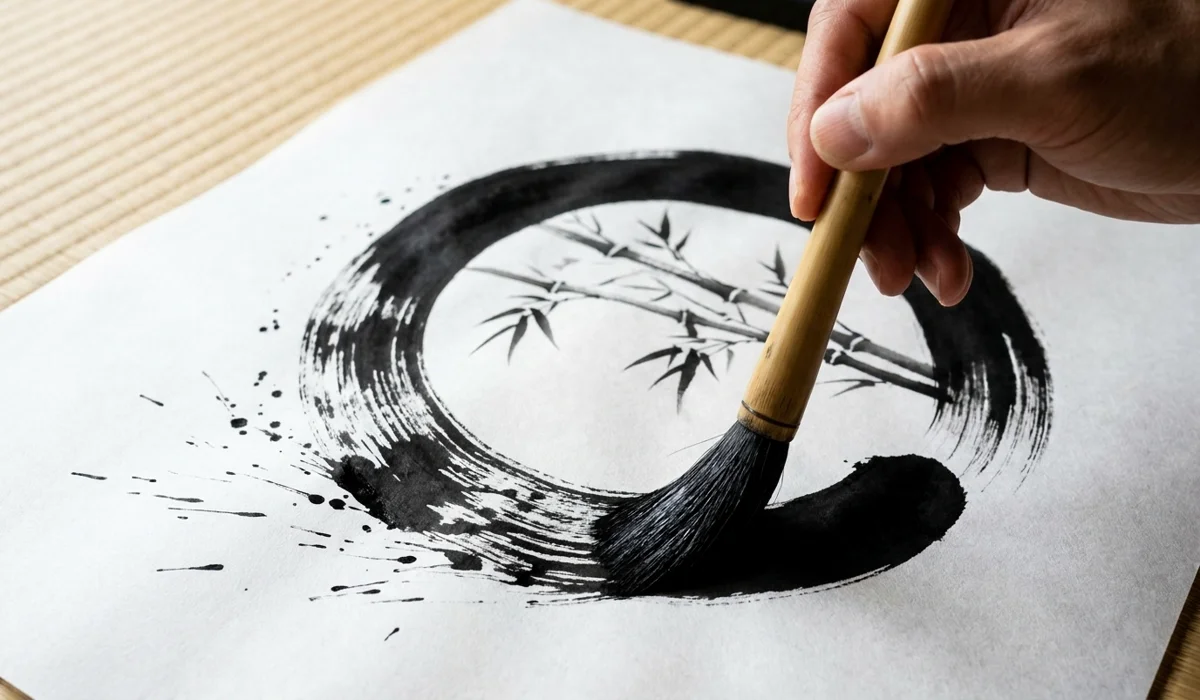 A close-up view of a hand drawing a black ink Enso circle, showing the texture of the ink and the fluid motion of the brush.