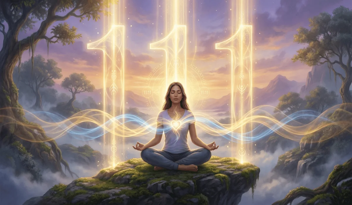 A person meditating within three pillars of golden light representing the 111 manifestation ritual.